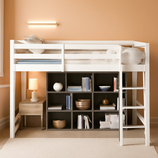 47'' Tall Junior Low Loft Bed with Stairs, White Wood Loft Bed Twin Size for Adults, Kids and Young Teens, No Box Spring Required,Wood Slat Support