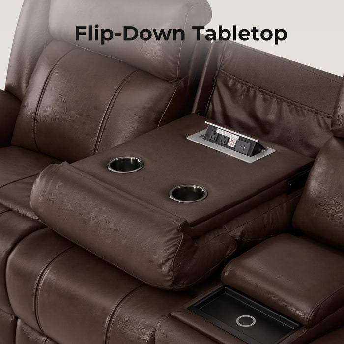 Genuine Leather Power Recliner Sofa, Wall Hugger Reclining Sofa with Drop down Table, Power Headrest, Drawers, Charging Ports, Reclining Sectional Couch for Living Room, RV, Dark Brown