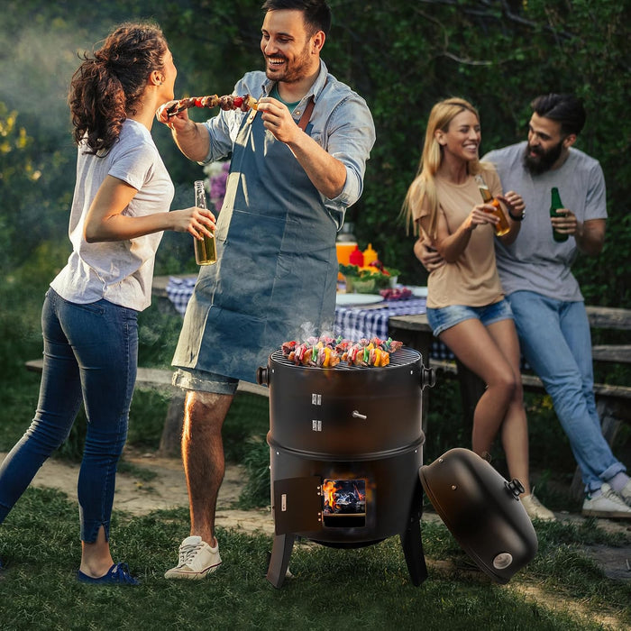 Vertical 17 Inch Steel Charcoal BBQ Smoker, Heavy Duty 3-In-1 Portable Outdoor Grill Cooker with Built-In Thermometer &Adjustable Vent Systems for Outdoor Backyard Cooking Grilling Camping