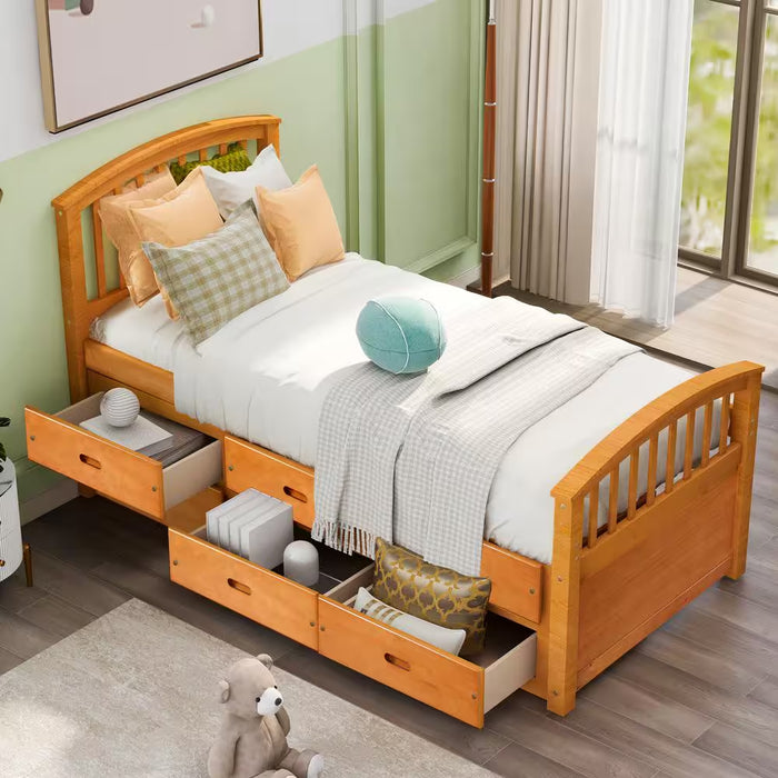 Oak Twin Size Solid Wood Platform Bed with 6-Drawers