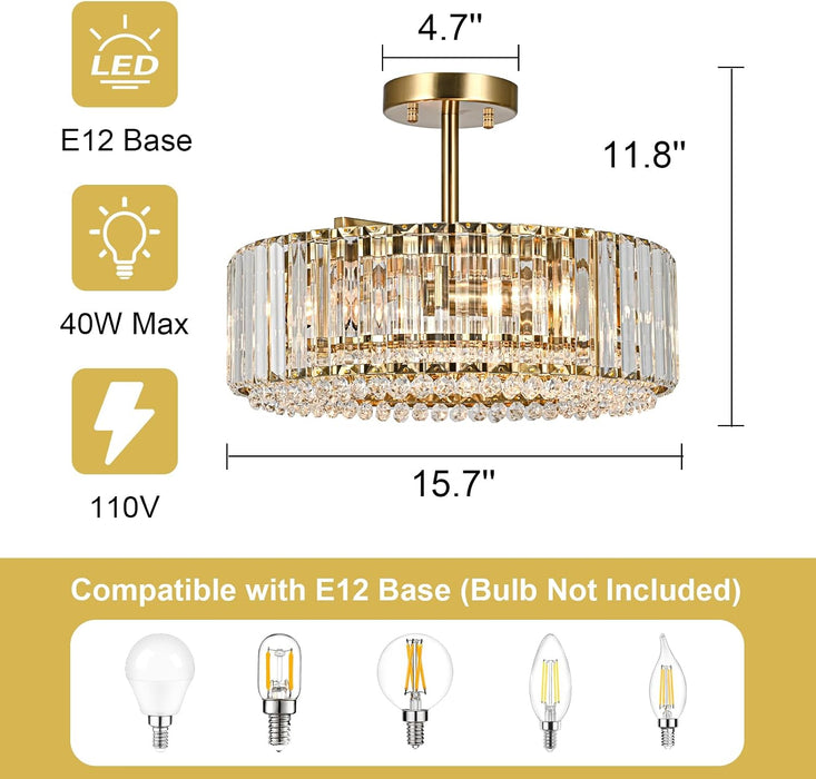 Gold Crystal Chandelier Semi Flush Mount Luminaire