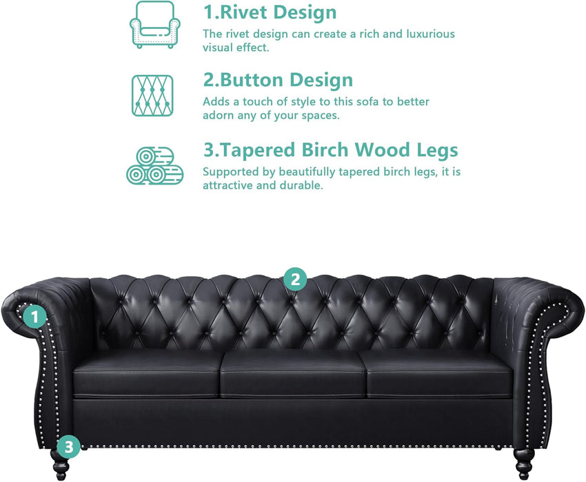 3 Piece Living Room Set, Sectional Chesterfield Sofa Chair Contemporary Upholstered Artificial Leather Loveseat Couch Sets for Living Room, Bedroom, Office (Black)