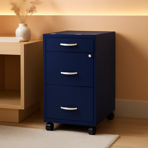 18" Deep 3 Drawer Mobile Metal File Cabinet in Navy