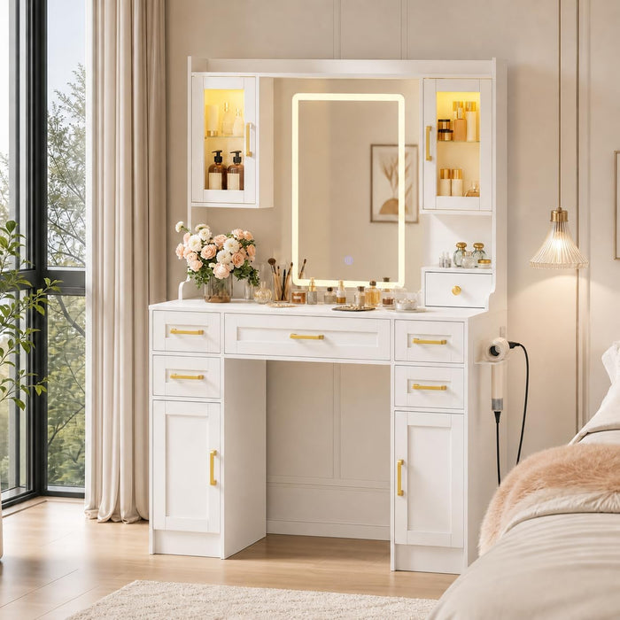 White Vanity Desk with Sliding Mirror and Lights, Women Makeup Vanity with 3 Colors Light & Power Outlet, 2 Shelves & 5 Drawers for Bedroom (043White No Bench, 42.1 * 15.75 * 57.72In)