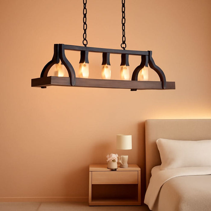 Rustic Kitchen Island Dining Room Light Fixture Farmhouse Linear Chandelier Black and Retro Wood Finish 5-Light Industrial Metal Hanging Pendant Light UL Listed L33.5 W10.6