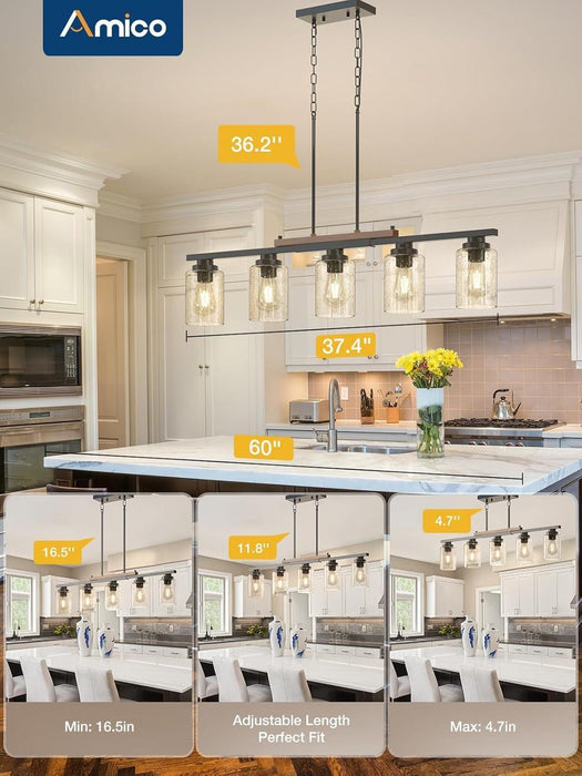 Dining Room Light Fixture 5-Light Kitchen Island Lighting with Adjustable Rods, Farmhouse Decor Black Metal & Wood Chandelier with Seeded Glass Shade, Island Lights for Kitchen