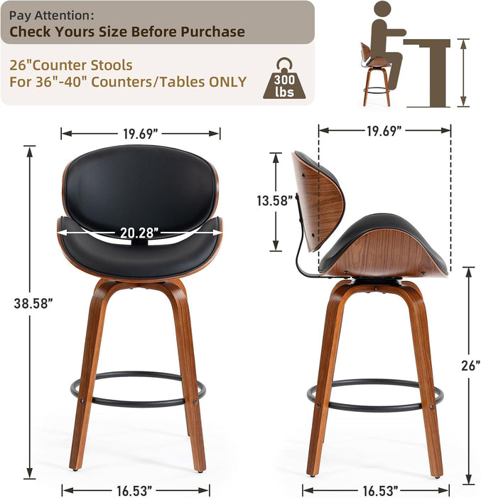 Bar Stools Set of 3, 26 Inch Leather Upholstered Counter Height Bar Stools with Curved Seat and Backrest, 360° Swivel Walnut Wood Barstools for Kitchen Island, Bar, Cafe, Black