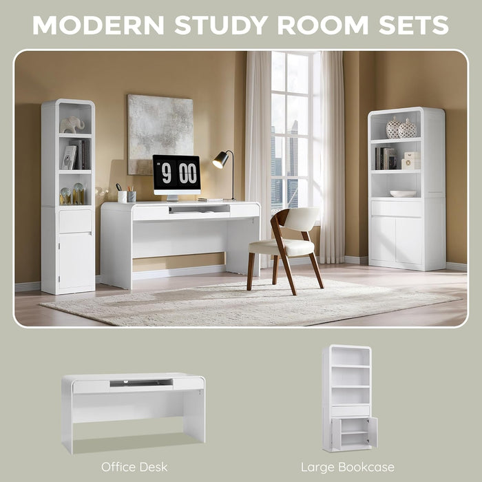 63" Modern Computer Desk with 2 Drawers, Wood Curved Executive Desk with Keyboard Tray & Power Outlet, Writing Desks with Storage for Home Office, Study Room, Living Room (White)