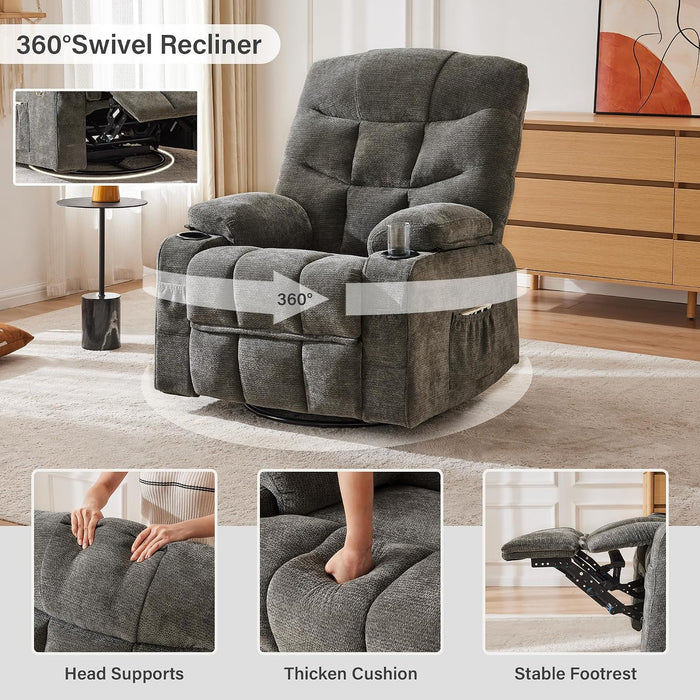 360°Swivel Rocker Recliner Chair with Cup Holders Grey, 1-Pack