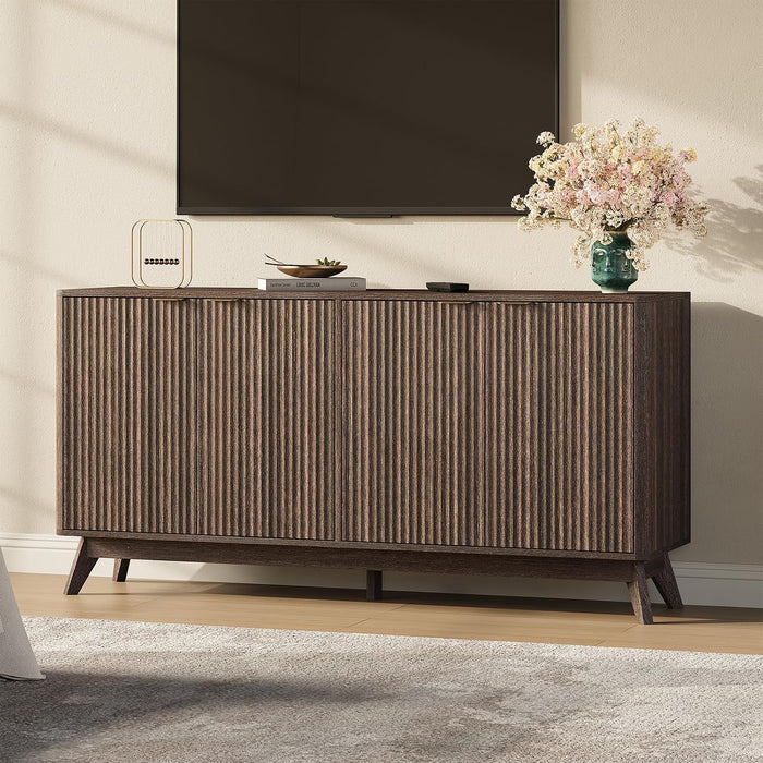 59'' Sideboard Buffet Storage Cabinet with Metal Handle, Fluted Cabinet with Rounded Corners, Modern Buffet Table Accent with 4 Doors for Coffee Bar, Console Table,Walnut