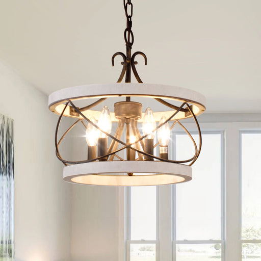 5-Light Wood Farmhouse Drum Chandelier Adjustable Height Pendant Lighting for Dining Room