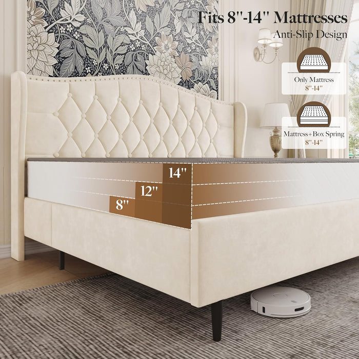 Full Size Bed Frame with Headboard, Luxury Upholstered Velvet Platform Bed with Wingback, Button Tufted & Nailhead Trim, Anti-Slide Tall Footboard, No Box Spring Needed, Noise-Free, Beige