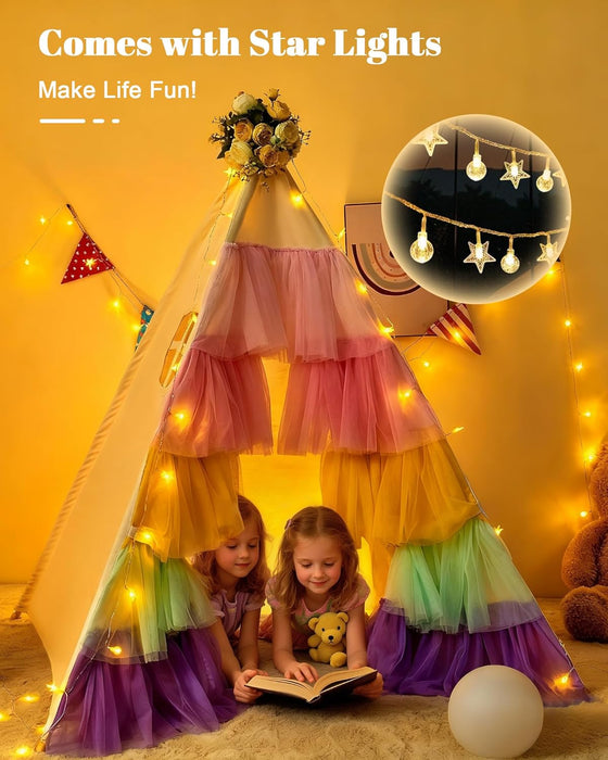 Teepee Tent for Kids, Toddler Teepee with Star Lights & Rainbow Tulle, Girls Princess Play Tent, Foldable Kids Teepee Tent for inside Playhouse Kid Toy Gift