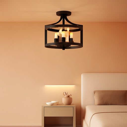 4-Light Farmhouse Chandelier, Modern Hanging Pendant Lighting, Convertible Semi Flush Mount Ceiling Light Fixture Rustic Vintage Black Chandeliers for Dining Room Kitchen Foyer Entryway