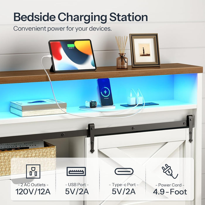 Headboard Queen Size with Storage, Farmhouse Queen Headboard Only with Charging Station and LED Lights, Bookcase Headboards with Flip-Down Drawer, Sliding Barn Doors, White and Walnut