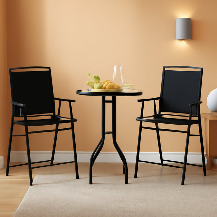 3 PCS Patio Table and Chairs Set, Bistro Furniture with DPC Tabletop, Umbrella Hole, Outdoor Bar Set with round Table and 2 Folding Counter Height Chairs for Poolside, Deck, Porch, Black