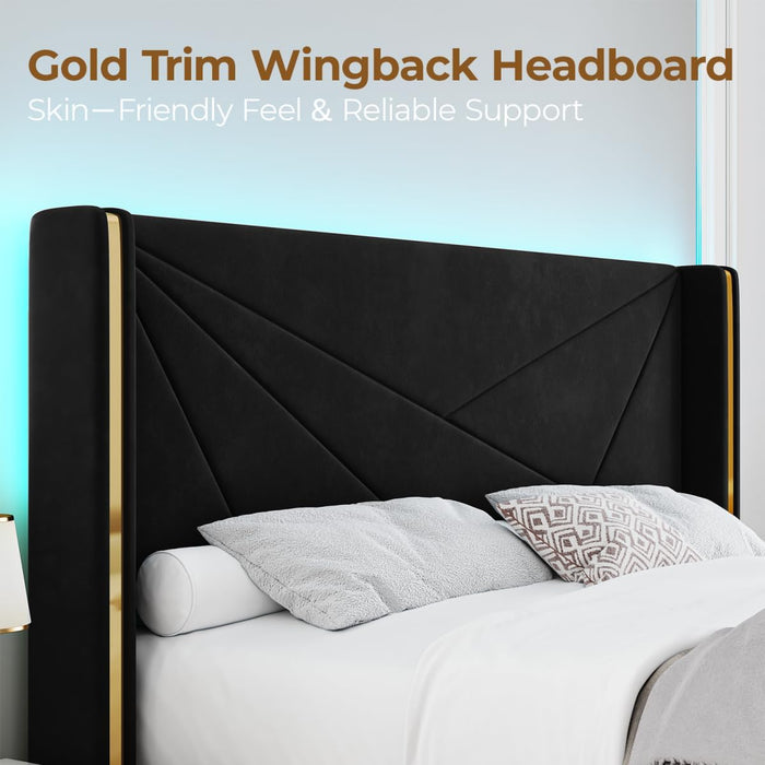 Full Size Bed Frame with Storage Drawers and Wingback Headboard, Velvet Upholstered Full Bed Frames Platform Bed with LED Lights, Wooden Slats Support, No Box Spring Needed, Noise-Free, Black