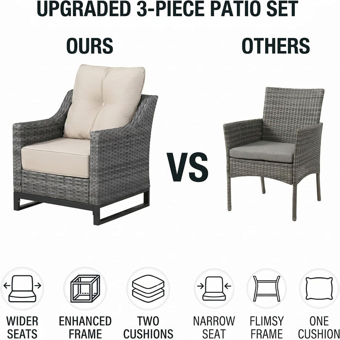 3 Pack Patio Furniture Set with 6" Thick Cushions,  Rattan Wicker Patio Set with Two Outdoor Chairs and Table, High Back Rattan Chair with Comfy Cushions for for Porch, Garden Poolside Balcon