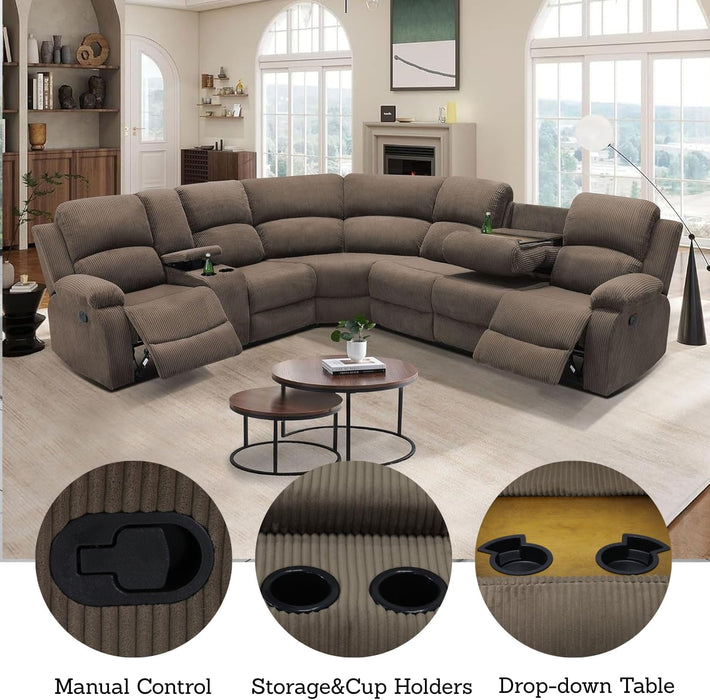 Manul Recliner Sectional Sofa for Living Room, Corduroy Fabric Sectional Reclinig Couch L Shape Recliner Sofa with Cup Holders, Storage Console and Drop down Table (Peanut)