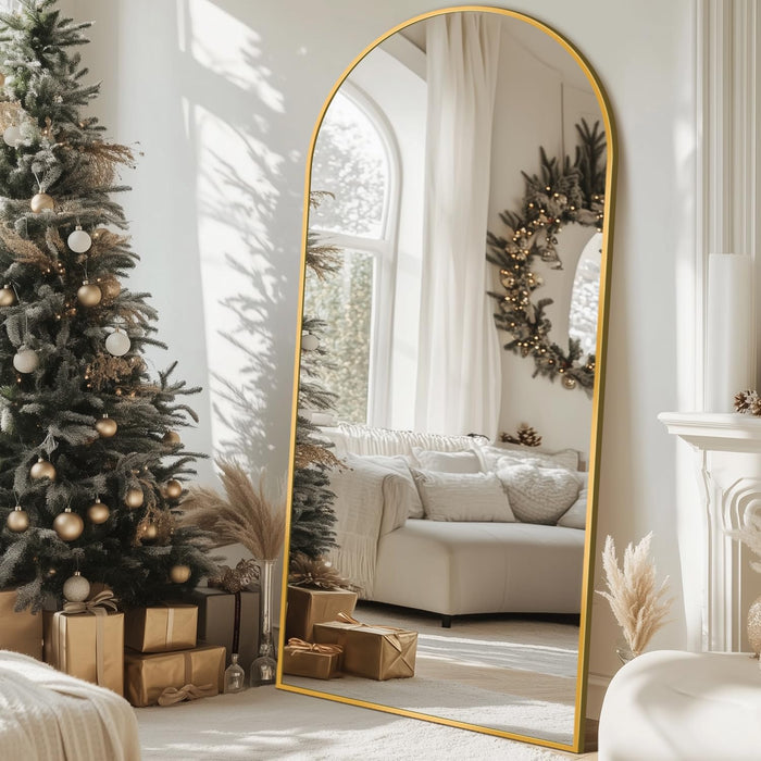 Full Length Mirror with Stand, 71"X28" Arched Full Body Large Stand up Aluminum Frame Floor Standing Mirror, Freestanding Hanging Leaning Mounted for Bedroom Living Room Entryway Gold