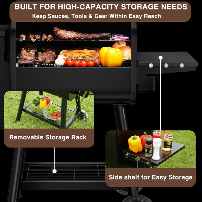 Electric Wood Pellet Grill & Smoker with Side Shelf, 456 SQ.IN Grill Capacity, 11LB Hopper, with PID Temperature Control (180-425°F) for Backyard Camping Bake and Roast, Black with Cover