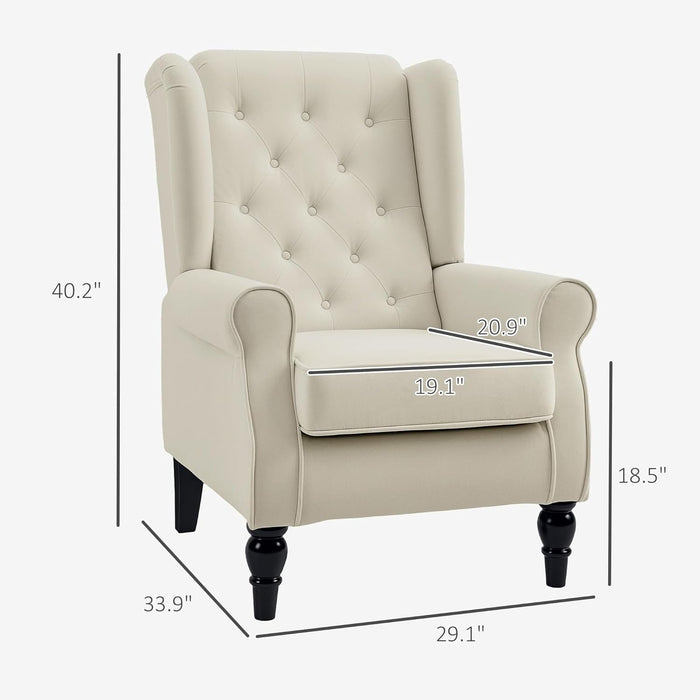 Mid-Century Modern Accent Chair, High Wingback Reading Chair, Button-Tufted Upholstered Fabric Armchair with Retro Wood Legs for Apartment, Living Room, Bedroom, Cream White