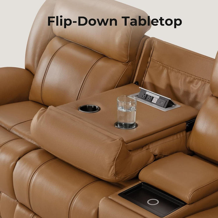 Genuine Leather Power Recliner Sofa, Wall Hugger Reclining Sofa with Drop down Table, Power Headrest, Drawers, Charging Ports, Reclining Sectional Couch for Living Room, RV, Saddle