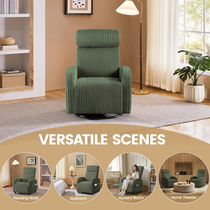 Single Sofa for Living Room, Corduroy Home Movie Theater Seating Reading Accent Chair with Side Pockets High Back for Nursing Bedroom, Dark Green