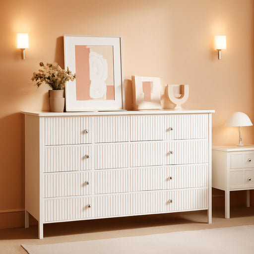 White 6 Drawer Dresser for Bedroom, Fluted Painted Wood Chest of Drawers, Modern TV Stand Storage Cabinet for Living Room, Entryway, 47" W X 16" D X 32" H