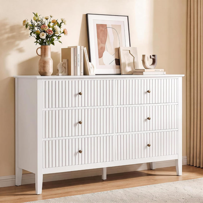 White 6 Drawer Dresser for Bedroom, Fluted Painted Wood Chest of Drawers, Modern TV Stand Storage Cabinet for Living Room, Entryway, 47" W X 16" D X 32" H