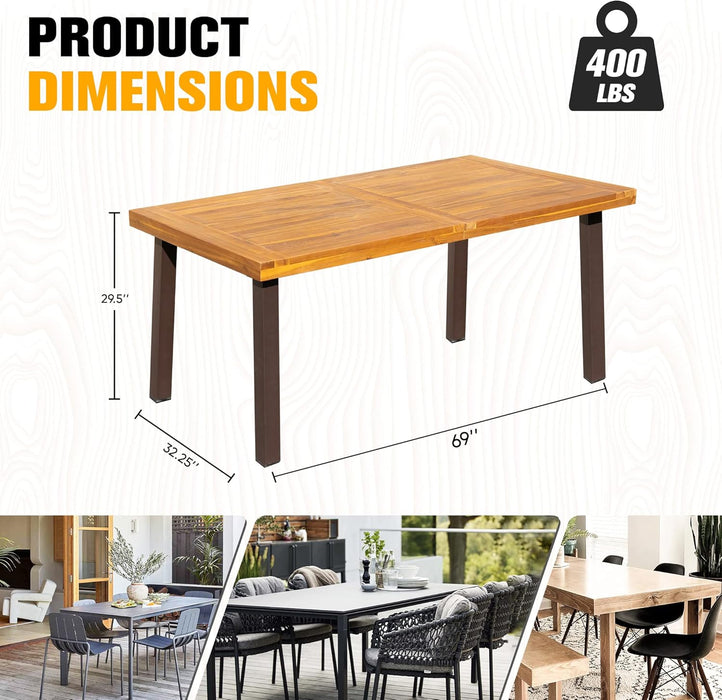 Dining Table for 6 Acacia Wood Indoor Outdoor Home Kitchen Table with Iron Legs Large Rectangular Patio Table for Deck, Sunroom