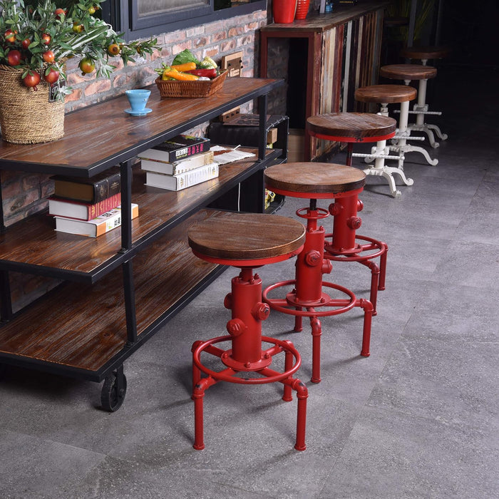 Aged Antique Vintage Industrial Barstool Solid Wood Water Pipe Fire Hydrant Design Cafe Coffee Industrial Bar Stool Set of 2 Antique Red