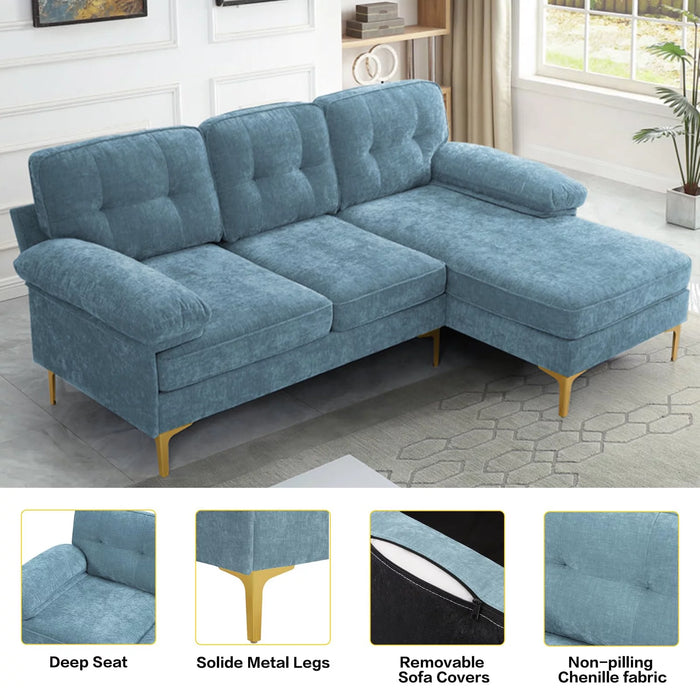 Convertible Sectional Sofa Couch, L-Shaped Couch with Reversible Chaise Lounge, Chenille Fabric Modern Sofa for Living Room, Apartment, Office, 3 Seats, Light Blue