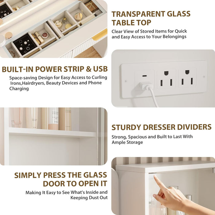 Makeup Vanity Desk with Mirror and Lights, 48" Fluted Makeup Table with Glass Top, Vanity Desk with 5 Drawers, Open Shelf & Power Outlet, Modern Dressing Table for Bedroom Living Room