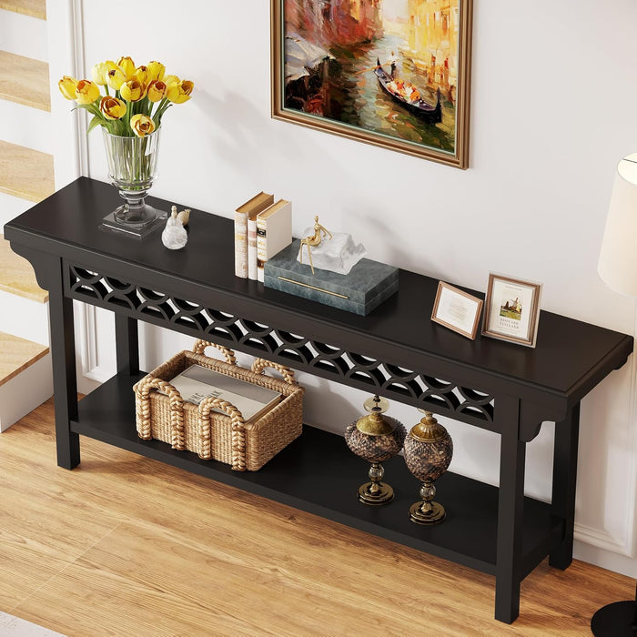 70.8-Inch Solid Wood Long Console Table, Farmhouse Entryway Table with Storage, Narrow Sofa Table Grey Couch Table for Living Room Entryway Hallway (Black)