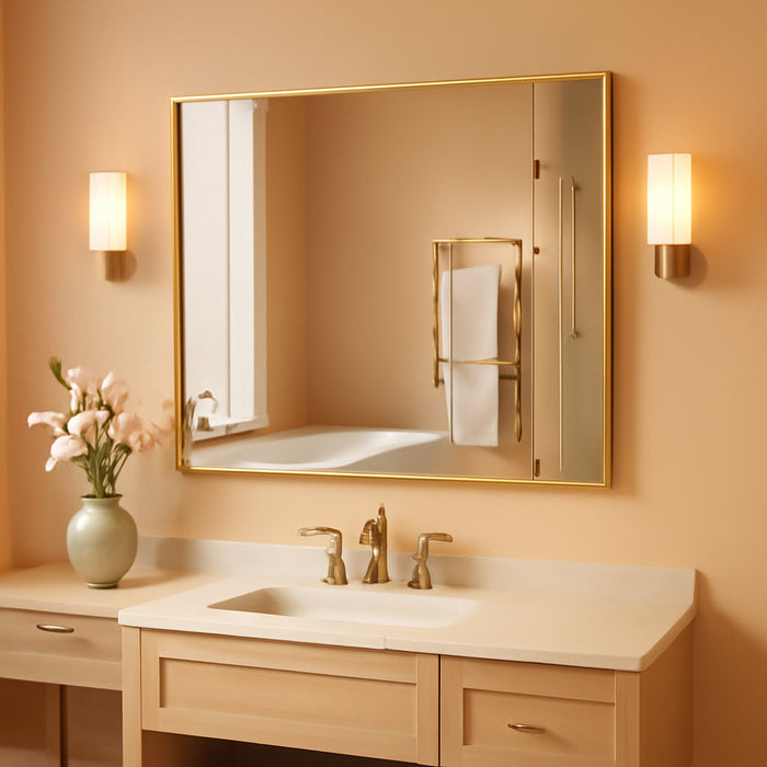 40"X30" Gold Bathroom Mirror for Wall, Shatterproof Tempered Glass, Brass Tone Rectangle Narrow Frame, H/V Wall-Mounted, Ultra-Flush