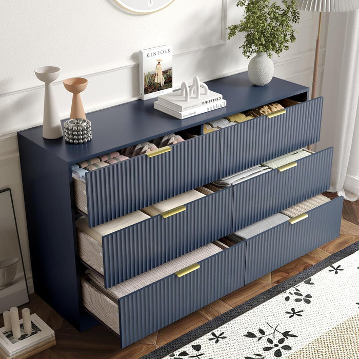 6 Drawer Fluted Dresser for the Bedroom, 55" Wide Wooden Dresser with Deep Drawers, Large Floor Chest of Drawers, Modern Long TV Stand, Storage Cabinet for Livingroom, Hallway, Blue