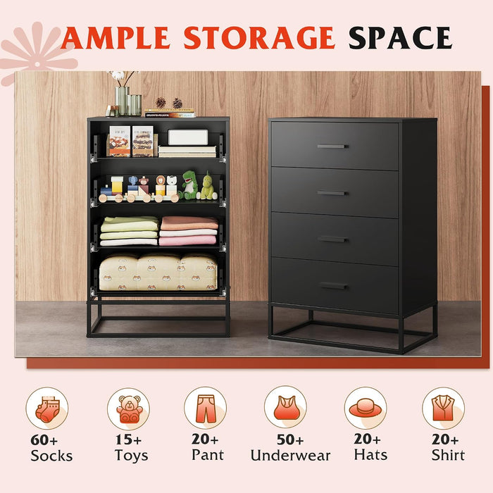 Black Dresser for Bedroom with 4 Drawers, Tall Dresser with Sturdy Metal Frame, Wood Chest of Drawers for Closet, Living Room, Hallway