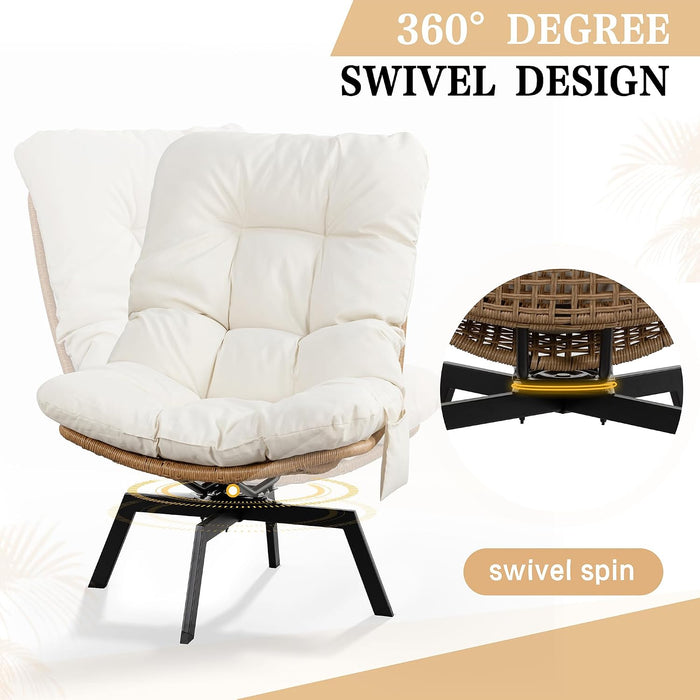 Swivel Wicker Chair PE Rattan Chair with Cushion, Oversized Patio Lounge Chair for Outdoor, Indoor, Balcony, Backyard, Garden, Living Room, Beige