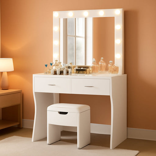 Vanity Desk Set with Large Lighted Mirror, 35.4 Inch Makeup Vanity Table with 2 Drawers, Cushioned Storage Stool, 3 Lighting Modes Brightness Adjustable, Dressing Table for Bedroom (White)