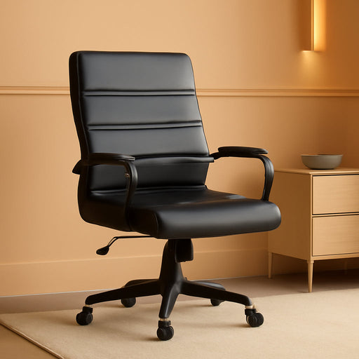 Whitney High-Back Swivel Leathersoft Desk Chair with Padded Seat and Armrests, Adjustable Height Padded Office Chair, Black