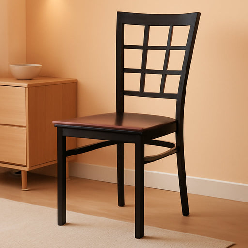 HERCULES Series Black Window Back Metal Restaurant Chair - Mahogany Wood Seat