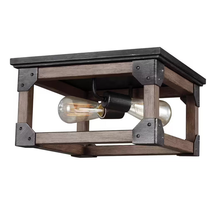 Dunning 13.5 In. W. 2-Light Weathered Gray and Distressed Oak Flush Mount