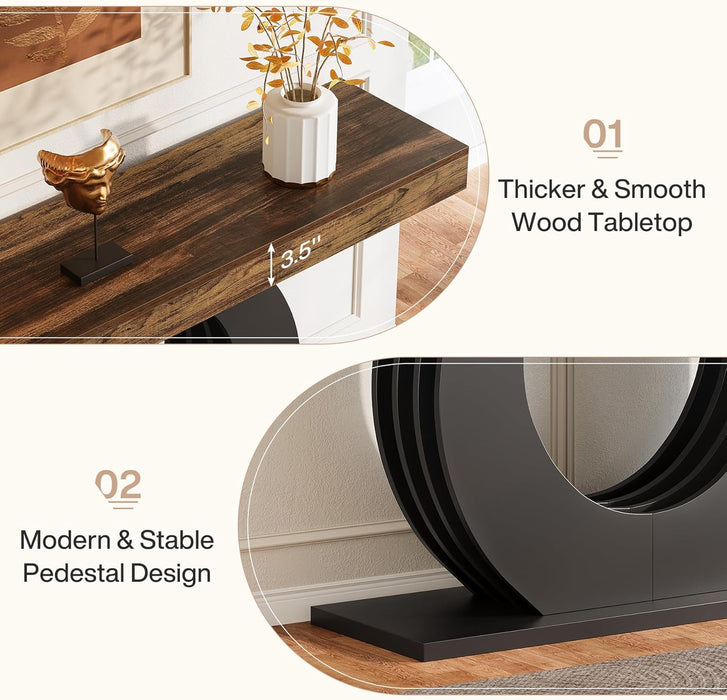 63-Inch Console Sofa Table, Rustic Industrial Farmhouse Entryway Table, Narrow Long Couch Console behind Sofa with Black Circle Base for Living Room Hallway, Rustic Brown