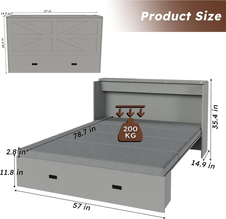 57" Full Murphy Bed W/Charging Station, Mattress & Drawers, Wall Cabinets Murphy Storage Bed W/Foldable Panels & Swivel Wheels for Bedroom/Guest Room/Living Room