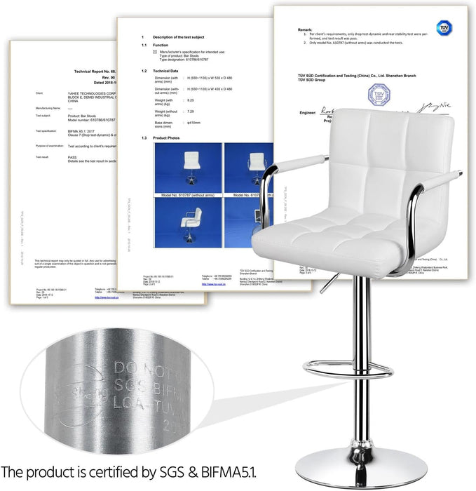 Bar Stools Set of 2, PU Leather Adjustable Swivel Barstools, Hydraulic Kitchen Counter Height Bar Chairs with Armrest and Back for Bar, Kitchen, Dining Room, White