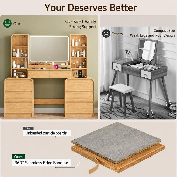 Large 62'' Makeup Vanity Desk with Mirror and Lights,Charging Station | Vanity with 8 Drawers, 6 Shelves, Smart LED Mirror, 3 Light Modes, Charging Hub, Stable Base, Spacious Storage
