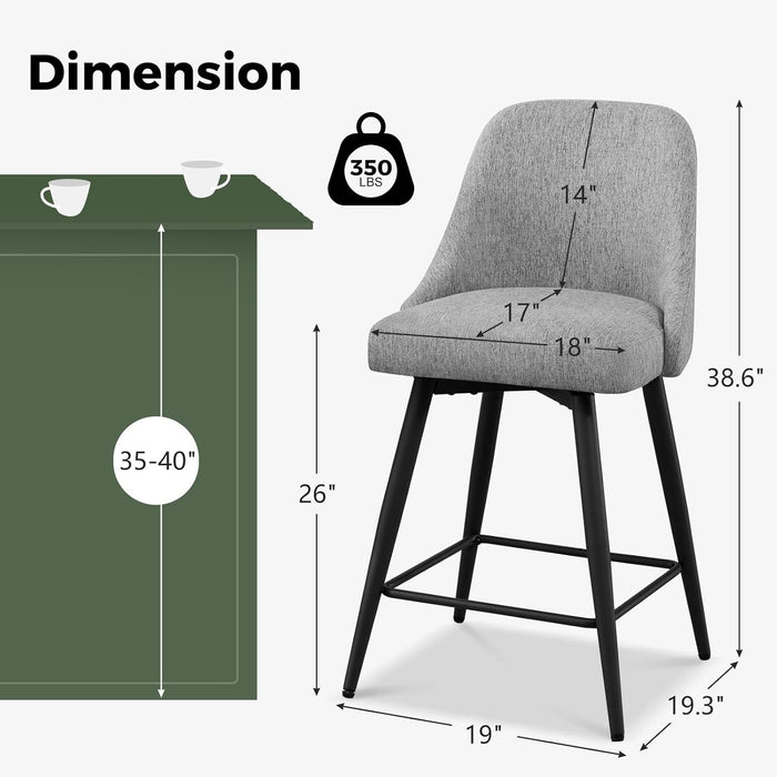Swivel Bar Stools with Backs, 26" Counter Height Barstools Set of 2, Upholstered Linen Fabric High Chairs for Island Kitchen