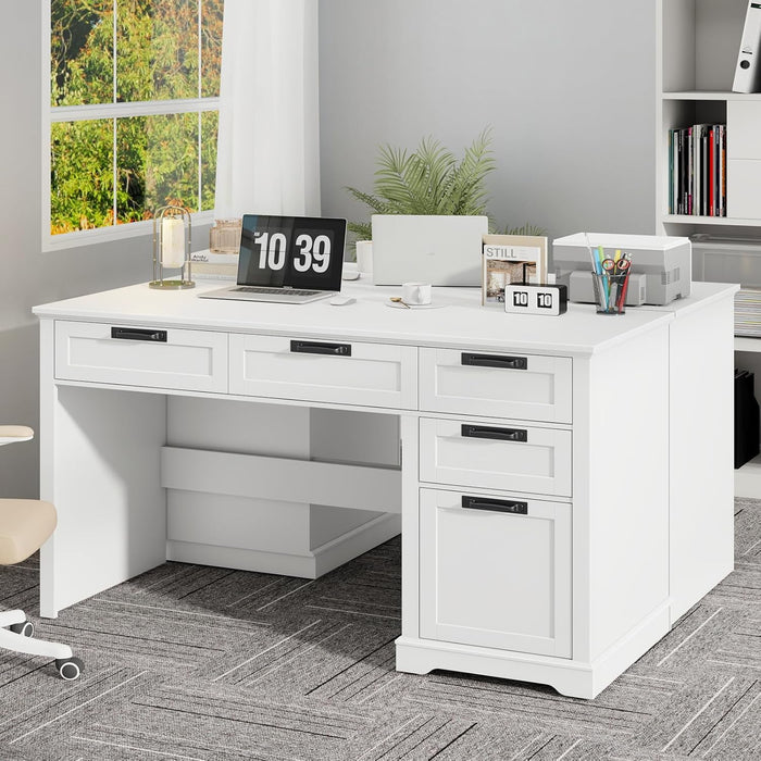 55" Farmhouse Home Office Desk with File Drawer, Executive Computer Desk with 4 Storage Drawers, Rustic Computer Desk for Working, Studying, Writing（White