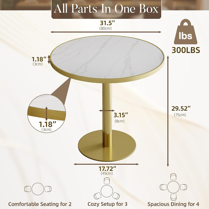 31.5" Circle Tulip Table with Sintered Stone Tabletop, Gold Edge & Pedestal | Modern round Dining Table, Leisure Bistro Table for Kitchen, Small Places, Living Room, Cafe, Restaurant (Snow Peak Marble)